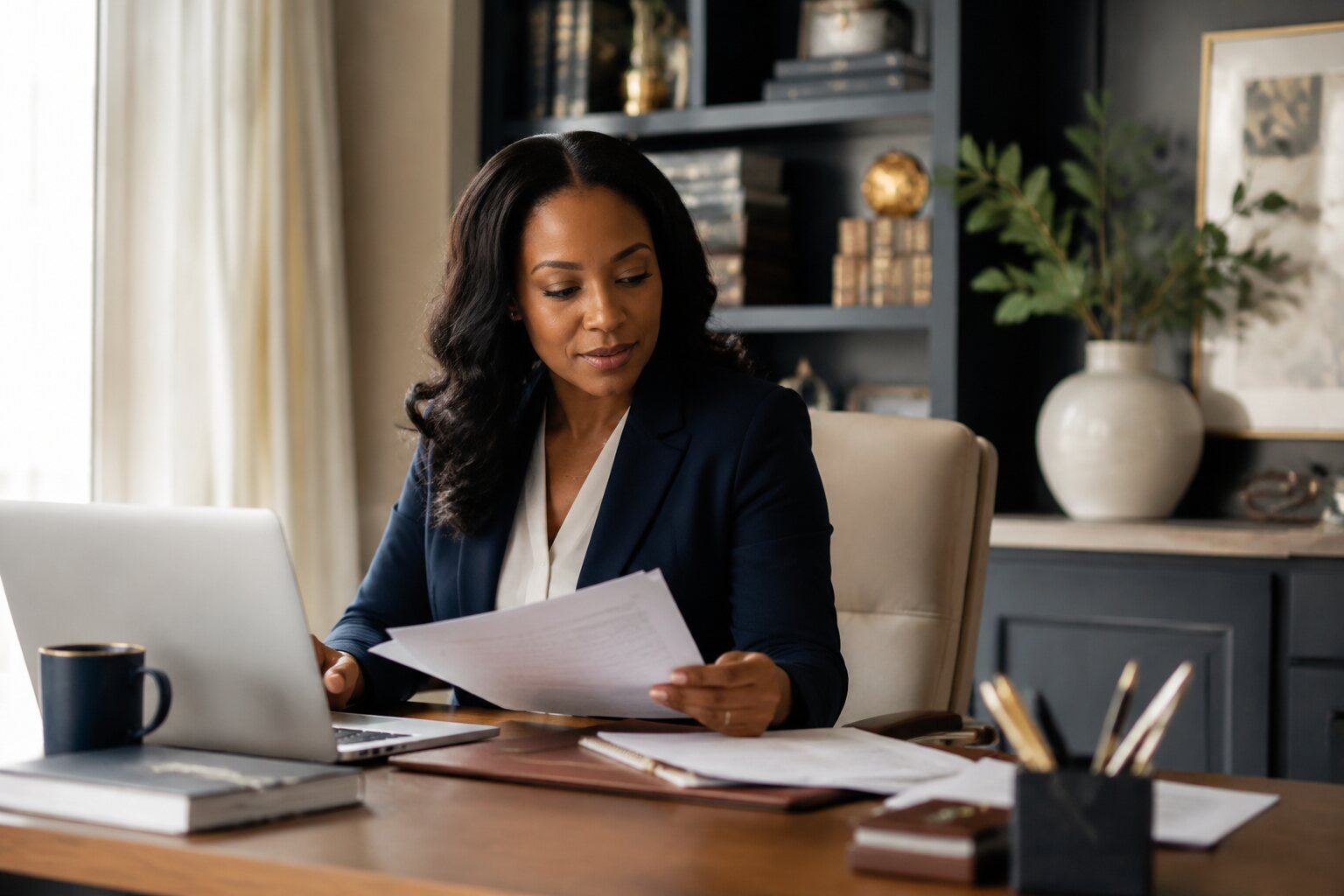 Entrepreneur reviewing documents while working at a laptop